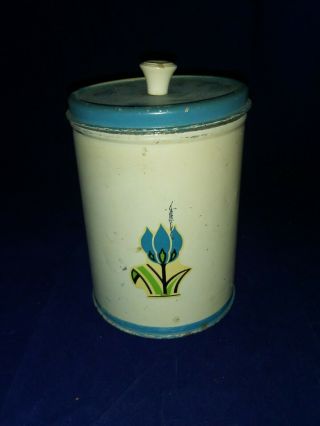 Vintage Metal Tin Canister Blue Top Blue Flower Design 6 " Tall