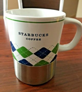 Starbucks Coffee Mug Cups Blue Green Argyle Plaid Stainless Bottoms 2006