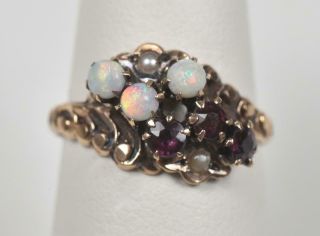 Victorian Opal & Pearl 10k Rose Gold Ring With Purple Gem Stones Size 5.  5