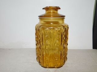 Vintage Le Smith Amber Glass Canister Atterbury Scroll