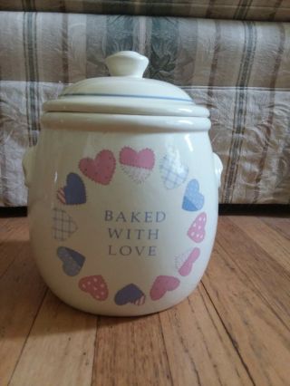 Ceramic “baked With Love” Cookie Jar With Quilted Hearts - - Country Charm
