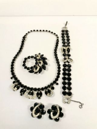 Weiss,  Four Piece Set,  Jet Black And Clear Rhinestone,  Full Parure,  Necklace,  Bra