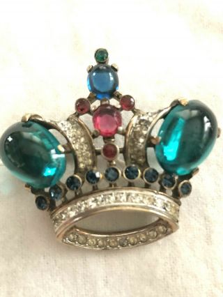 Alfred Philippe Crown Trifari Large Green Cabochon " Jeweled " Figural Crown Brooch