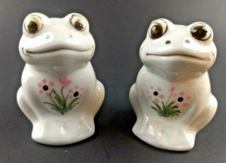 Floral Frog Salt & Pepper S&p Pink Flowers W/ Green On White Frogs