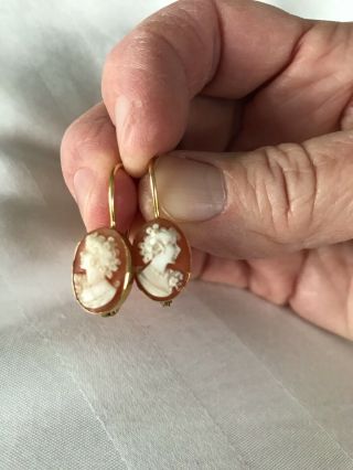 14k Gold Italian Shell Cameo Earrings - - French Clips.
