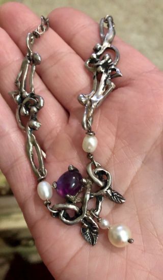 Art Deco Sterling Silver Amethyst And Pearl Statement Necklace