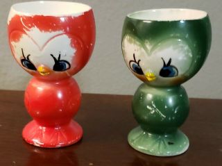 2 - Vintage Egg Cups Japan Ceramic Birds Anthropomorphic Red Green Chick