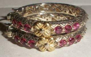 Barbara Bixby Red Stone Ruby ? Sterling Silver 18k Gold Lotus Hoop Earrings