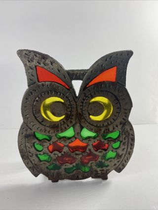 Owl Napkin Recipe Holder Metal & Stained Glass Vintage Vtg Guc Kitchen Unique