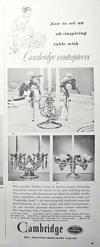 1953 Cambridge Glass Crystal Centerpieces Candelabra Arms Epergne Prisms Ad