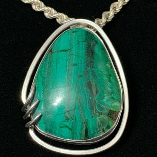 Large Estate Sterling Silver Green Stone Hand Made Brooch Pendant Necklace 24 "