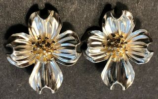 Designer Sterling Silver And 14k Gold Flower Dogwood Clip Earrings