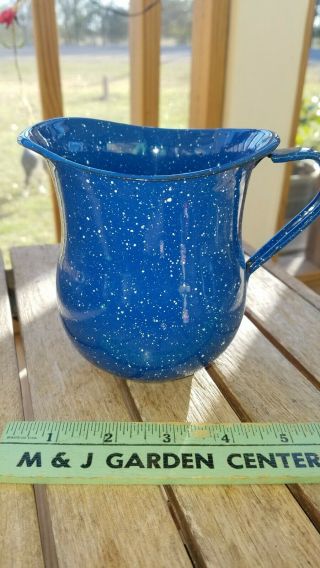 Vintage Blue With White Speckles Enamelware Pitcher Small Creamer