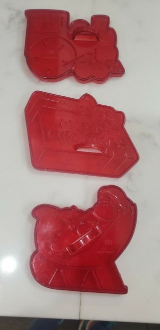 3 Hrm Vintage Red Plastic Cookie Cutters Santa Christmas Sleigh Train & Present