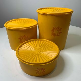 Vintage Tupperware Set Orange Yellow 3 Servalier Canisters With Lids