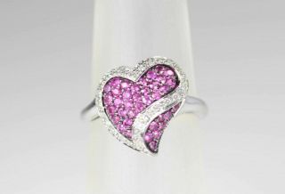 Solid 10k White Gold Natural Pink Sapphire Diamond Heart Ring Size 8 6927