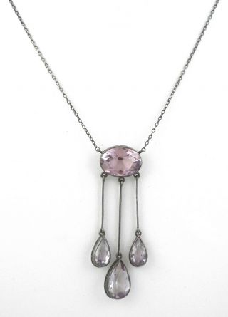 1920s - Fine Art Deco 830 Silver Natural Amethysts Open Back Necklace W/ Dangle