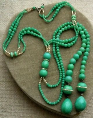Edwardian Sautoir Peking Glass Pearl Beads,  Extremely Long Dbl Tassels