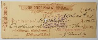 1897 Bank Check El Reno Oklahoma Territory John Deere Plow Company