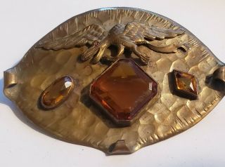 Atq Art Nouveau Dragon Amber Glass Sash Pin Brooch Brass Signed Dunn