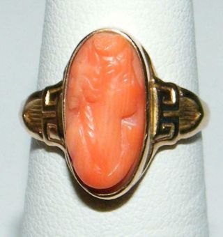 Art Deco 14k Yellow Gold Carved Coral Cameo Ring