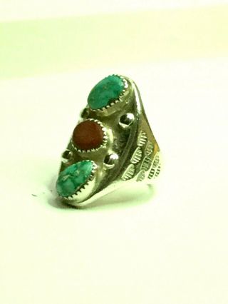 Native American Men ' s Turquoise Coral Ring Size 10 3/4 in Sterling Silver 2