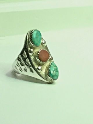 Native American Men ' s Turquoise Coral Ring Size 10 3/4 in Sterling Silver 3