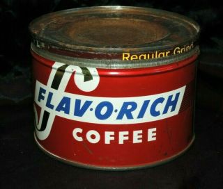 Vintage Flav - O - Rich Coffee 1 Pound Tin Can Key Wind Open