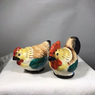 Vintage Japan Chicken Hen Salt And Pepper Shakers Corks Red Yellow