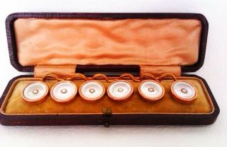 Stunning Set Of 6 Boxed 9ct Rose Gold & Mother Of Pearl Edwardian Buttons C1909