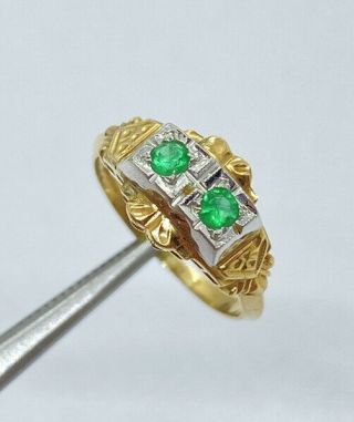 Lovely Vnt Solid 14k 18k White Yellow Gold Double Emerald Deco Ring Size 4.  75