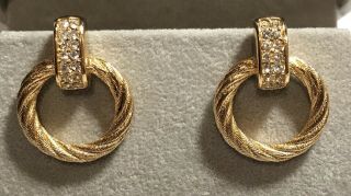 Christian Dior Vintage Crystal Rhinestone Circle Pierced Earrings 1 " Tall