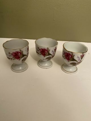 Vintage Set Of 3 China Egg Cups Made In Japan Floral Pattern Gold Trim