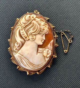 Vintage 1973 Large 9ct Yellow Gold Hand Craved Cameo Brooch - In Gift Box
