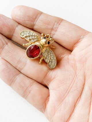 AUTHENTIC D ' ORLAN GOLD TONE RUBY RED RHINESTONES BUG BROOCH PIN VINTAGE 2