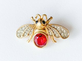 AUTHENTIC D ' ORLAN GOLD TONE RUBY RED RHINESTONES BUG BROOCH PIN VINTAGE 3