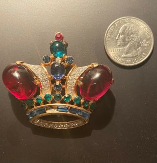 Large Gold Tone Trifari Alfred Philippe Ruby Cabochon Royal Coronation Crown Pin