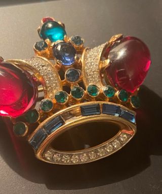 Large Gold Tone TRIFARI Alfred Philippe Ruby Cabochon Royal Coronation Crown Pin 2