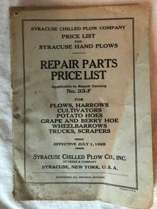 Vintage 1929 Syracuse Chilled Plow Price List Applicable To Repair Cat.  No.  33f