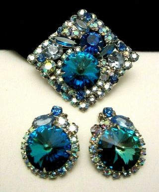 Rare Vintage Juliana D&e Blue Green Rivoli Ab Rhinestone Brooch & Earring Set M3