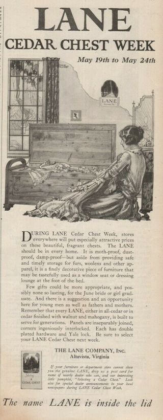 1924 Lane Cedar Chest Altavista Virginia Antique 1920s Household Furniture Ad