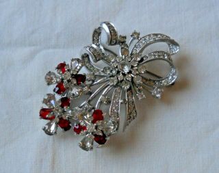 Designer Signed Pennino Sterling Silver Brooch Pin Rhinestones Red Clear Floral