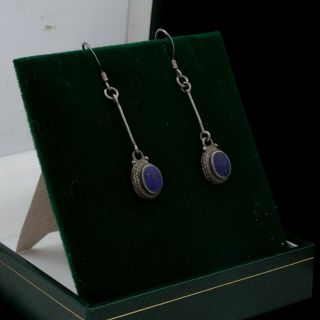 Antique Vintage Art Deco Sterling Silver Etruscan Lapis Lazuli Dangle Earrings