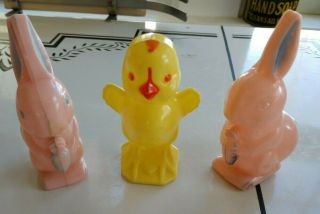 3 Vintage Plastic Easter Toys 2 Pink Bunny Rattles & Yellow Chick