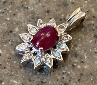Vintage 10k White Gold Ruby & Diamond Flower Pendant For A Necklace