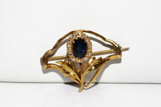 $1,  200 Antique 1.  20ct Natural Blue Sapphire & Rose Cut Diamond Pin 10k Gold