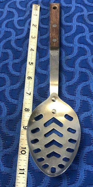 Vtg Household Stainless Slotted Serving Spoon With Wood Handle 11 1/2” Japan