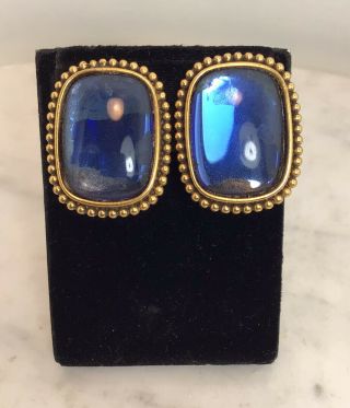 Vintage Yves Saint Laurent Gold Tone Blue Glass Clip On Earrings
