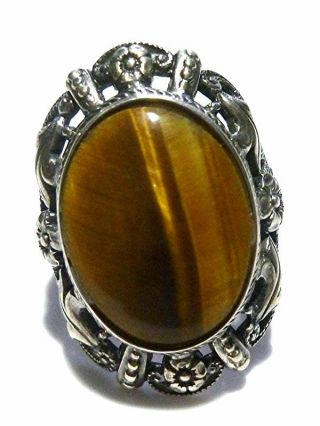 Highly Ornate Floral Flower Uncas Sterling Silver Tigers Eye Art Deco Ring 6.  75