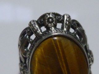 HIGHLY ORNATE FLORAL FLOWER UNCAS STERLING SILVER TIGERS EYE ART DECO RING 6.  75 2